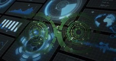 Dönen dişliler ve veri çizelgeleri ile gelecekçi dijital arayüz animasyon. Teknoloji, yenilik, gelecek, analiz, hareket
