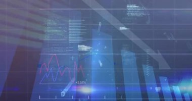 Finansal veriler ve şehir manzarası üzerinde grafikler ve numaralarla kodlama animasyonu. Finans, analitik, teknoloji, şehir, fütüristik, yenilik