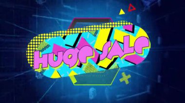 Mavi arka planda geometrik desenli renkli Büyük Satış metninin animasyonu. İndirim, promosyon, perakende, pazarlama, alışveriş, aydınlık