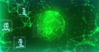Parlayan yeşil dünya üzerinde yüzleri birbirine bağlayan dijital ağı gösteren animasyon. Küreselleşme, bağlantı, teknoloji, iletişim, internet, sanal