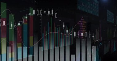 Finansal tablolar ve karanlık arka planda veri analizi animasyonu olan grafikler. Maliye, analitik, teknoloji, iş dünyası, eğilimler, istatistikler