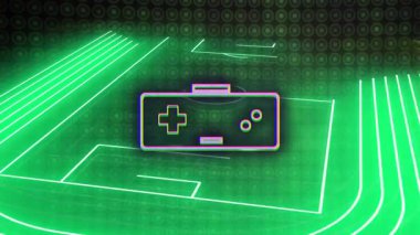Stylize edilmiş yeşil futbol sahası arka planında neon oyun denetleyici simgesinin animasyonu. Oyun, dijital, eğlence, teknoloji, parlayan, canlı