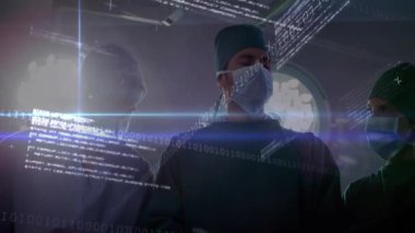 Ameliyathanede, cerrahi giyimli tıp uzmanları animasyon verilerini analiz ediyorlar. Cerrahi, sağlık, takım çalışması, doktorlar, veri analizi, teknoloji