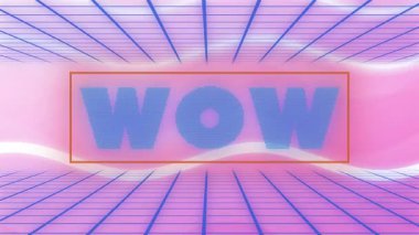 Pembe şebeke üzerinde koyu mavi renkli retro-woW metin animasyonu. tipografi, renk, neon, vintage, canlı, 80 'ler