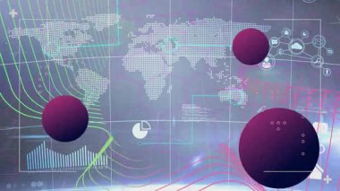 Okulda, veri tabloları ve soyut kürelerle dijital dünya haritasının animasyonu. Teknoloji, yenilik, fütüristik, analitik, küresel, ağ