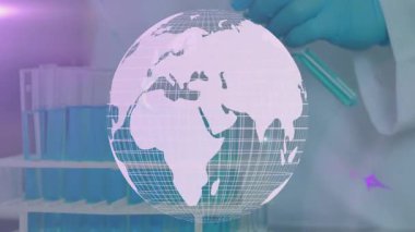 Test tüpleri ve bilim adamlarının çalıştığı laboratuvar ortamında dünya animasyonu. Bilim, yenilik, araştırma, teknoloji, deney, keşif