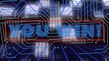 Dijital bağlantılarla şehir manzarası üzerindeki fütürist devre kartının animasyonu. Teknoloji, yenilik, ağ, şehir, siber güvenlik, altyapı