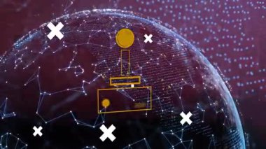 Okul ortamında geometrik şekilli dijital insan kafası animasyonu. 3D görüntüleme, yapay zeka, gelecek, kavram, eğitim, öğrenme