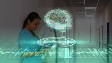 Hastanedeki doktor ve hemşire beyin animasyonuyla tıbbi verileri tartışıyorlar. Sağlık, ilaç, danışma, nöroloji, takım çalışması, profesyoneller