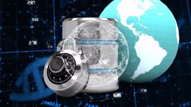 Veri güvenliğini temsil eden kilit ve küreyle dijital ağın animasyonu. Siber güvenlik, şifreleme, teknoloji, küresel, güvenlik, koruma