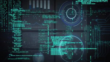 Grafikler ve veri animasyonları karanlık arkaplan ile dijital arayüzde işleniyor. Analizler, görselleştirme, teknoloji, fütüristik, soyut