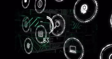 Soyut yeşil ağ arka planında veri simgeleri ve grafikleri olan dijital animasyon. Teknoloji, bağlantı, gelecek, iletişim, görselleştirme