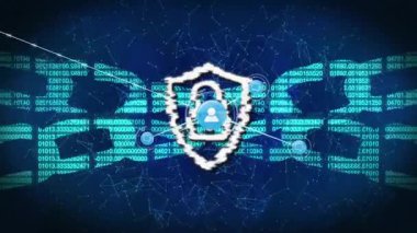 İkili kod ve kullanıcı simgelerine kilitlenmiş dijital güvenlik kalkanının animasyonu. Siber güvenlik, koruma, şifreleme, gizlilik, veri güvenliği, güvenlik duvarı