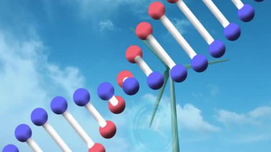 Bulutlu mavi gökyüzüne karşı DNA ipliği ve rüzgar türbini animasyonu. Biyoteknoloji, yenilenebilir, sürdürülebilirlik, çevre, enerji, yenilik