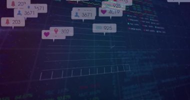Borsa grafikleri ve sosyal medya ikonlarıyla finansal verilerin animasyonu. Finans, analitik, yatırım, ekonomi, teknoloji, dijital
