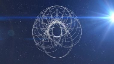 Geometrik kürenin parlayan mavi animasyonu uzayda kablolama, büyüleyici izleyiciler. Soyut, geleceksel, dijital, teknoloji, kozmik, geometri