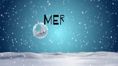Kış arka planında kar taneleri ve çobanpüskülü olan Mutlu Noeller metninin animasyonu. Tatil, şenlik, kutlama, selamlama, mevsimlik, dekoratif