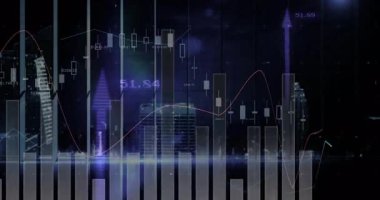 Şehir manzarasını parlayan gökdelenlerle kaplayan finansal veri haritalarının animasyonu. Finans, teknoloji, yenilik, şehir, metropol, analitik