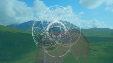 Geometrik kablo küresi mavi gökyüzü ile manzaralı dağ manzarası üzerinde animasyon. dijital, çağdaş, kavramsal, doğa, modern, fütürist