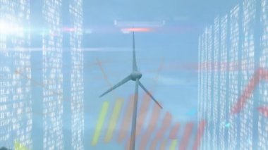 Dijital veri akışları ve soyut kalıplarla dönen rüzgar türbininin animasyonu. Yenilenebilir, enerji, sürdürülebilirlik, teknoloji, fütüristik, yenilik