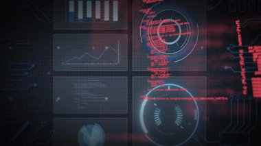 Veri işleme için dijital arayüzde grafikler ve dairesel grafikler canlandırılıyor. Analizler, görselleştirme, istatistik, teknoloji, veri bilimi, gösterge paneli