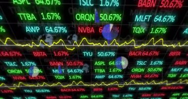 Değişen grafikler ve borsa animasyon ekranındaki renkli kalp sembolleri. Maliye, ticaret, borsa, yatırım, ekonomi, veri