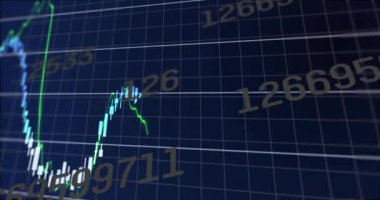 Finansal grafiğin animasyonu karanlık şebeke arka planındaki yüzdelerle dalgalanıyor. Maliye, ekonomi, veri, hisse senedi, pazar, analitik
