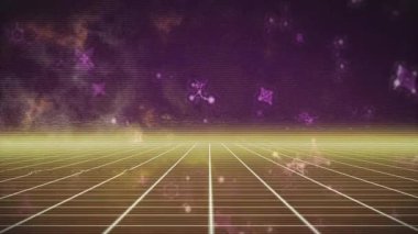 Kozmik arkaplanda parlayan mor yıldızlar ve retro ızgara manzara animasyonu. fütüristik, dijital, neon, siber punk, synthwave, evren