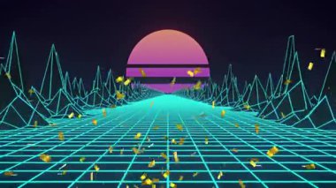 Günbatımının ışıltısı geçmişe dönük fütüristik manzarayı aydınlatıyor. Şebeke çizgileri animasyonda. Siberpunk, neon, dijital sanat, sentetik dalga, canlı