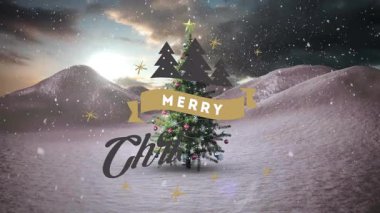 Karlı dağda Noel ağacıyla Mutlu Noeller metninin animasyonu. Tatil, kış, şenlik, kutlama, selamlama, doğa