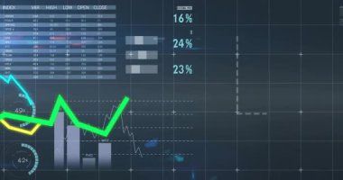 Finansal veriler, grafikler, grafikler, dijital arayüz ekranındaki dünya haritası canlandırılıyor. Finans, veri analizi, teknoloji, küresel, iş dünyası, istatistik