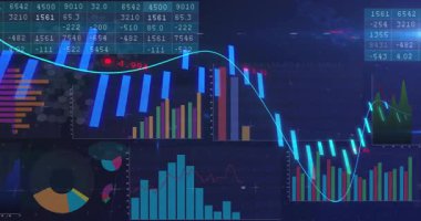 Finansal veri tabloları ve dalgalanan sayılar ve mavi çizgi animasyonlarıyla grafikler. Maliye, analitik, istatistik, eğilimler, yatırım, ekonomi
