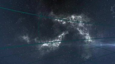 Yıldızlı ve nebulalı kozmik arkaplan, kıvrımlı ızgara çizgileri animasyon yaratıyor. Astronomi, evren, galaksi, yıldız manzarası, astrofotoğrafçılık, göksel