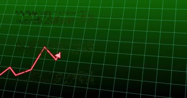 Yeşil şebeke arkaplanındaki kırmızı çizgi grafiği değişen veri eğilimlerini gösteriyor. Analiz, istatistik, ekonomi, finans, görselleştirme, analiz