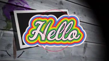 Çiçekli arka planda ahşap desenli ve kırmızı aksanlı renkli Hello animasyonu. canlı, desenli, dekoratif.