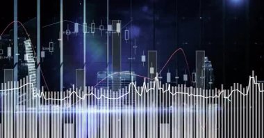 Geceleri şehir manzarası, finansal veri tabloları ve grafikler animasyon tarzında kaplanıyor. Finans, analitik, ekonomi, kentsel, teknoloji, dijital