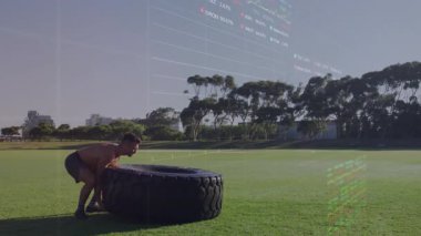 Finansal veri animasyonu ile çimenlerin üzerinde lastik çeviren adam. Egzersiz, fitness, kararlılık, açık hava, güç, finans