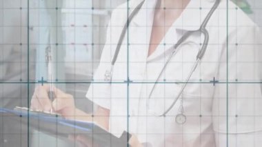 Şebeke desenli animasyon üzerine yazılar, steteskop tutan sağlık uzmanı. doktor, ilaç, klinisyen, teşhis, sağlık, kontrol