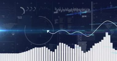 Koyu arkaplan üzerinde dijital veri işleme animasyonu olan çubuk ve çizgi grafikleri. analitik, görselleştirme, teknoloji, fütüristik, istatistik, bilgi