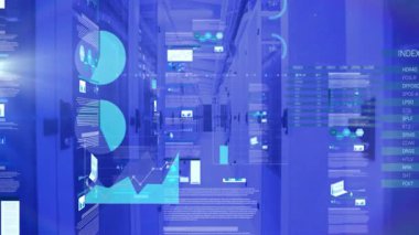 Sunucu odası ortamını kaplayan dijital grafiklerin ve veri analizlerinin animasyonu. Teknoloji, ağ, fütüristik, yenilik, bilgi, siber güvenlik