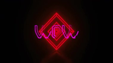 Canlandırma tasarımında dinamik kırmızı geometrik şekiller üzerinde parlayan neon woW metin. canlı, tipografi, dijital sanat, modern