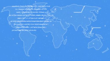 Matematiksel denklemler ve mavi zemin üzerinde kar taneleri olan dünya haritasının animasyonu. Matematik, küresel, kış, bilim, teknoloji, haritacılık