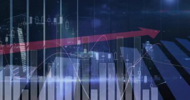 Finansal veri tabloları ve grafikleri üzerinde yukarı doğru kırmızı ok, şehir manzarası üzerinde animasyon. Ekonomi, büyüme, finans, analiz, yatırım, başarı