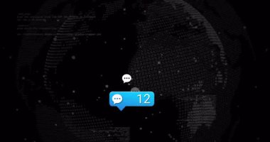 Sohbet uyarıları ve mesaj sayısıyla birlikte dijital dünyanın animasyonu. İletişim, mesajlaşma, küresel, teknoloji, internet, ağ