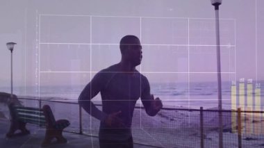 Tahta kaldırımda koşmak, finansal veri tablolarını animasyon kaplamasında görmek. Egzersiz, teknoloji, fitness, analiz, finans, dijital