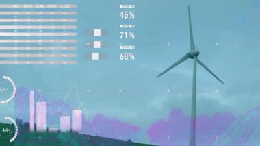 Veri görselleştirme kaplamalı rüzgar türbininin animasyonu ve okuldaki küresel harita. Teknoloji, yenilenebilir, sürdürülebilirlik, eğitim, öğretim, çevre