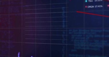 Karanlık arka planda grafik ve yüzdelerle dijital borsa verileri gösteriliyor. Maliye, analitik, yatırım, ekonomi, hisse senetleri, tablo