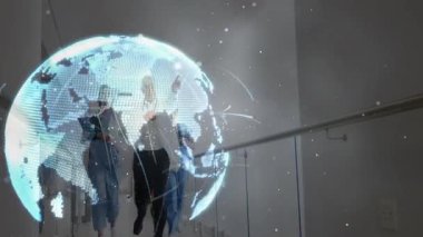 Dijital dünyanın animasyonu, modern ofis ortamında iki kişi. Teknoloji, yenilik, işbirliği, takım çalışması, tartışma, yaratıcı