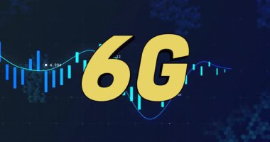 Yukarı doğru eğilim ve veri noktaları gösteriliyor, dijital grafik animasyonu üzerinden 6G metin. Teknoloji, yenilik, bağlantı, telekomünikasyon, gelecek, ağ