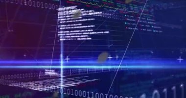 Dijital veri işleme animasyonunu kaplayan ikili kod ve finansal grafikler. Teknoloji, finans, analitik, ekonomi, yatırım, fütüristik
